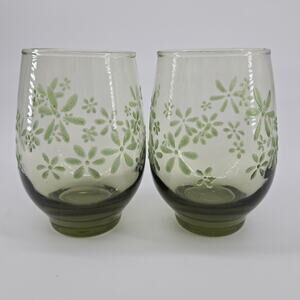Vintage 60s Mint Bouquet Daisy Green Libby Juice Glasses Set Of 2